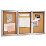 Enclosed Indoor Cork Bulletin Board with Three Hinged Doors, 72" x 36", Tan Surface, Satin Aluminum Frame