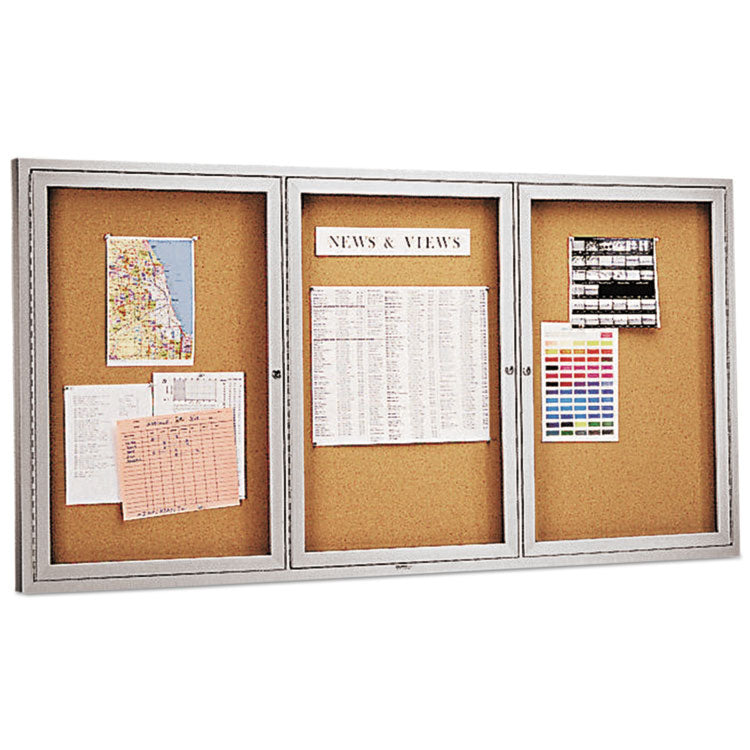 Enclosed Indoor Cork Bulletin Board with Three Hinged Doors, 72" x 36", Tan Surface, Satin Aluminum Frame