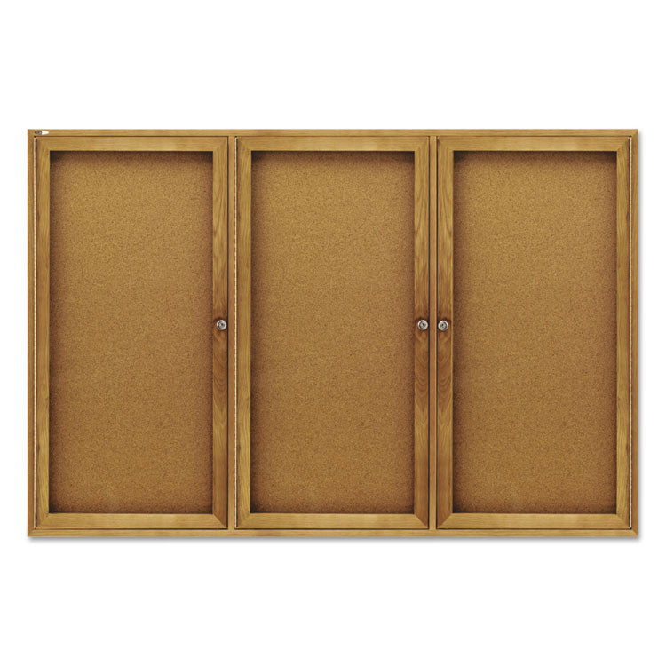 Enclosed Indoor Cork Bulletin Board with Three Hinged Doors, 72" x 48", Tan Surface, Oak Finished Fiberboard (MDF) Frame