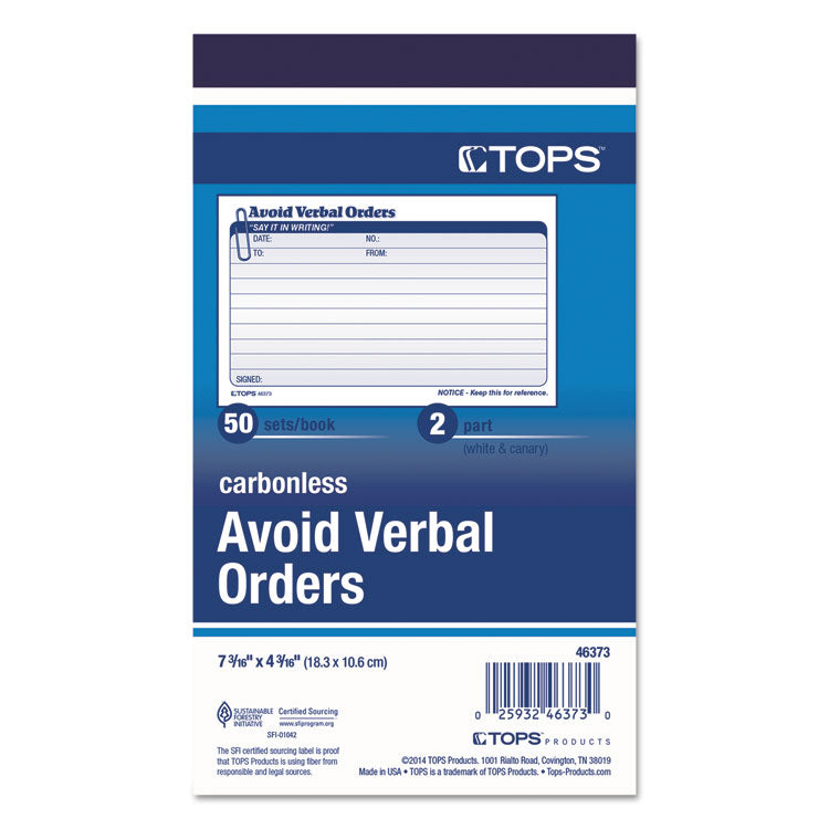 Avoid Verbal Orders Manifold Book, Two-Part Carbonless, 6.25 x 4.25, 50 Forms Total