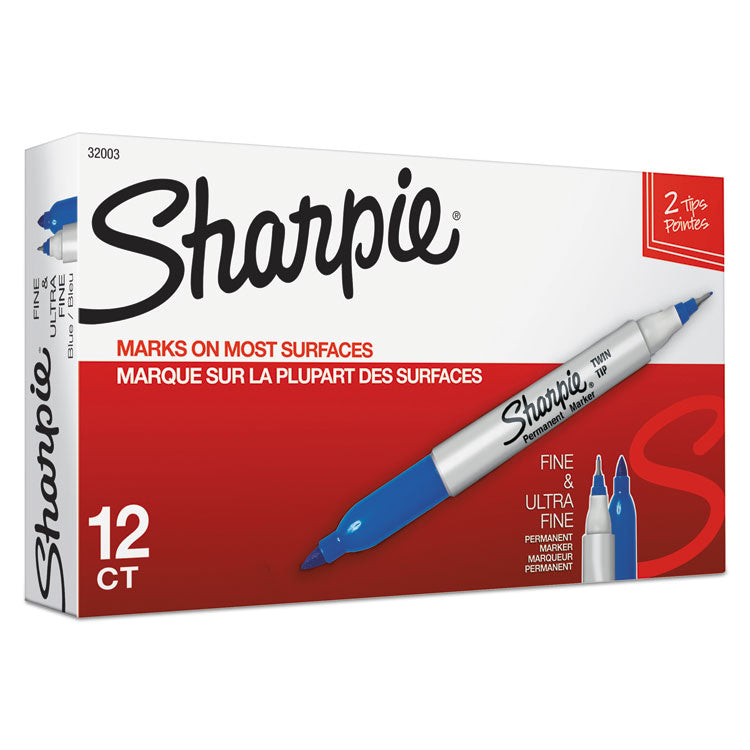 Twin-Tip Permanent Marker, Extra-Fine/fine Bullet Tips, Blue, Dozen
