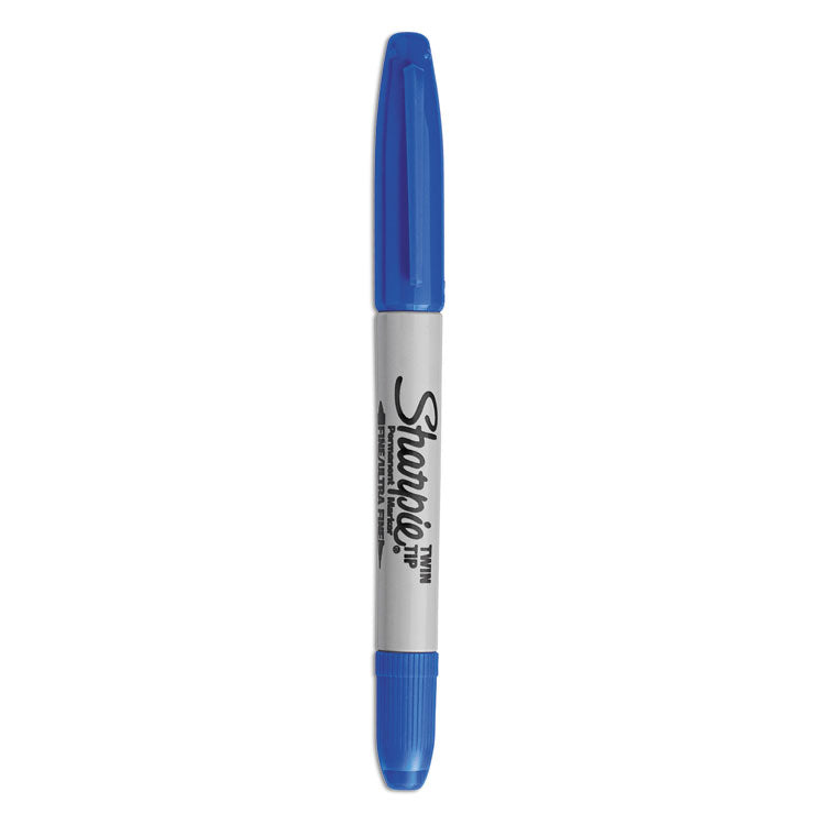 Twin-Tip Permanent Marker, Extra-Fine/fine Bullet Tips, Blue, Dozen