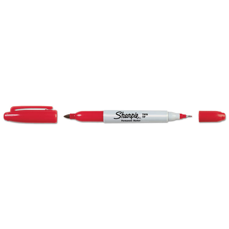 Twin-Tip Permanent Marker, Extra-Fine/fine Bullet Tips, Red, Dozen