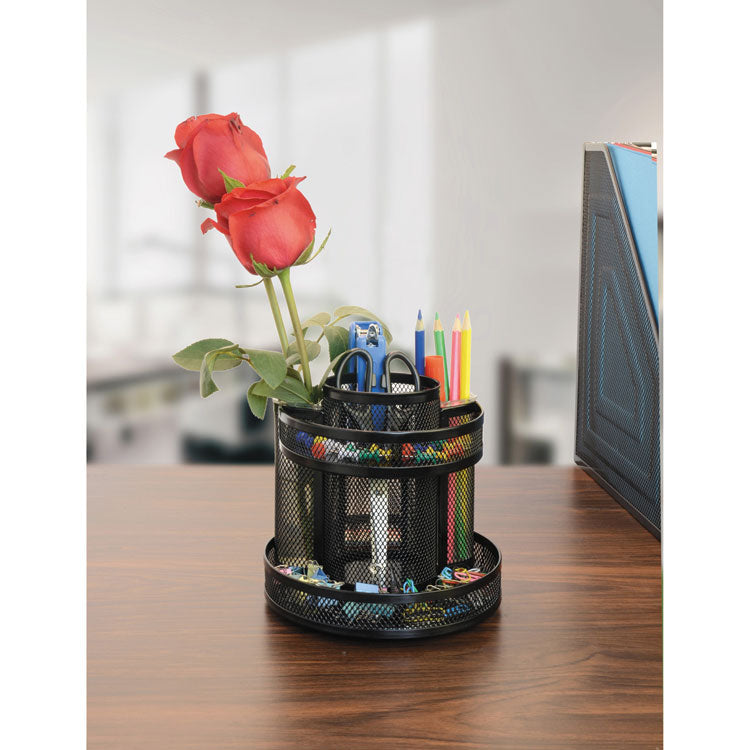 Metal Mesh Rotating Desktop Organizer, 8 Compartments, Metal Mesh, 6.5" Diameter x 6.13"h, Black
