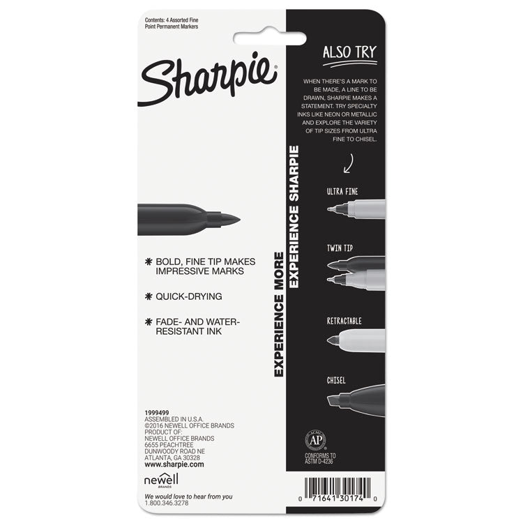 Fine Tip Permanent Marker, Fine Bullet Tip, Assorted Colors, 4/set