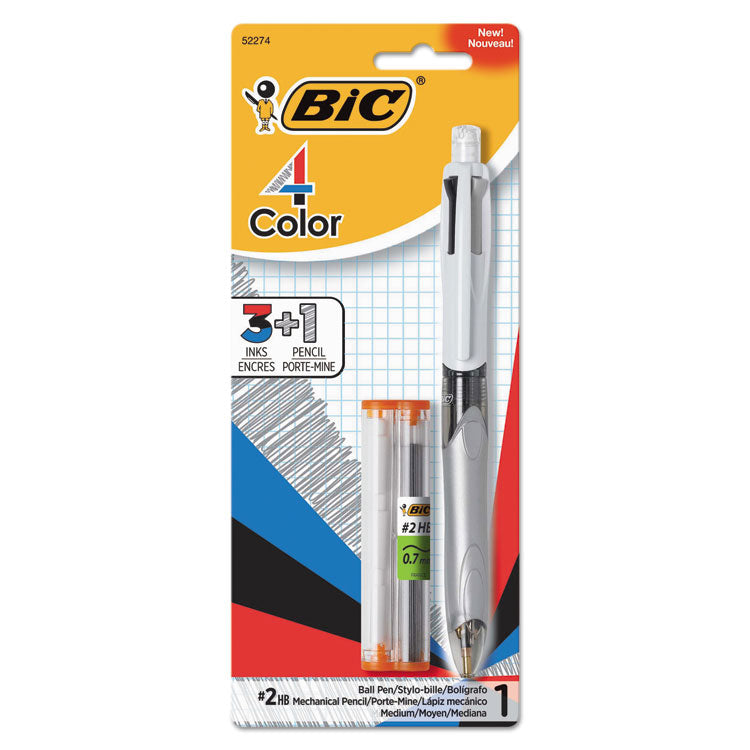 4-Color 3 + 1 Ballpoint Pen/Pencil, Retractable, Medium 1 mm Pen/0.7 mm Pencil, Black/Blue/Red Ink, Gray/White Barrel