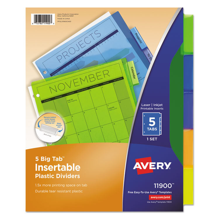 Insertable Big Tab Plastic Dividers, 5-Tab, 11 X 8.5, Assorted, 1 Set