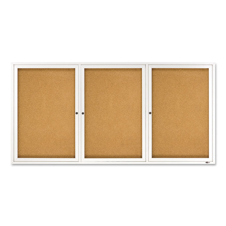 Enclosed Indoor Cork Bulletin Board with Three Hinged Doors, 72" x 36", Tan Surface, Satin Aluminum Frame