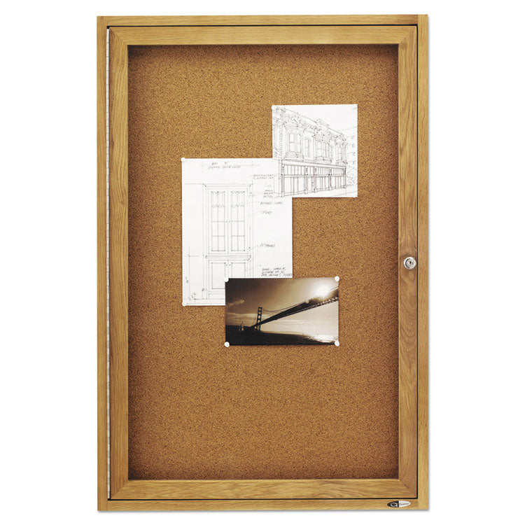 Enclosed Indoor Cork Bulletin Board with One Hinged Door, 24" x 36", Tan Surface, Oak Finished Fiberboard (MDF) Frame