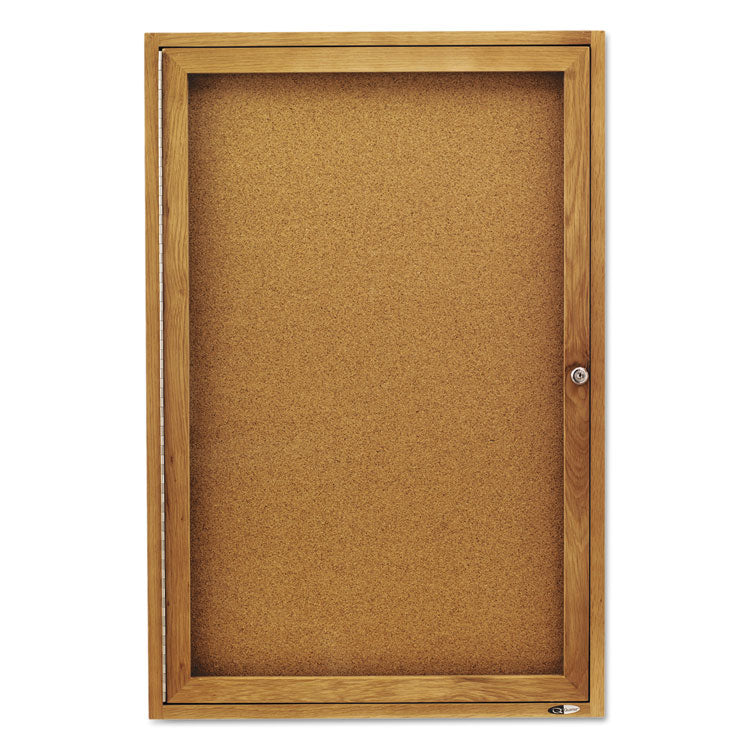 Enclosed Indoor Cork Bulletin Board with One Hinged Door, 24" x 36", Tan Surface, Oak Finished Fiberboard (MDF) Frame