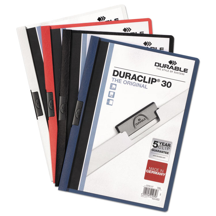 DuraClip Report Cover, Clip Fastener, 8.5 x 11, Holds 30 Sheets, Clear/Black, 25/Box