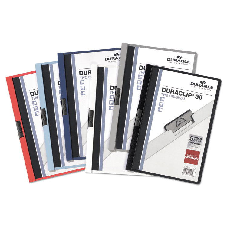 DuraClip Report Cover, Clip Fastener, 8.5 x 11, Holds 30 Sheets, Clear/Black, 25/Box