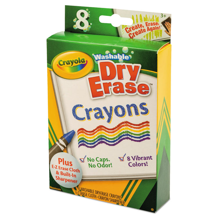 Washable Dry Erase Crayons W/e-Z Erase Cloth, Assorted Colors, 8/pack