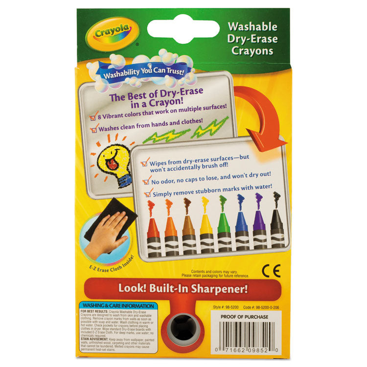 Washable Dry Erase Crayons W/e-Z Erase Cloth, Assorted Colors, 8/pack