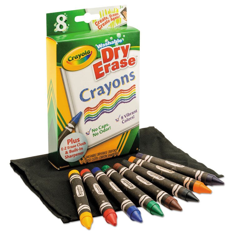 Washable Dry Erase Crayons W/e-Z Erase Cloth, Assorted Colors, 8/pack