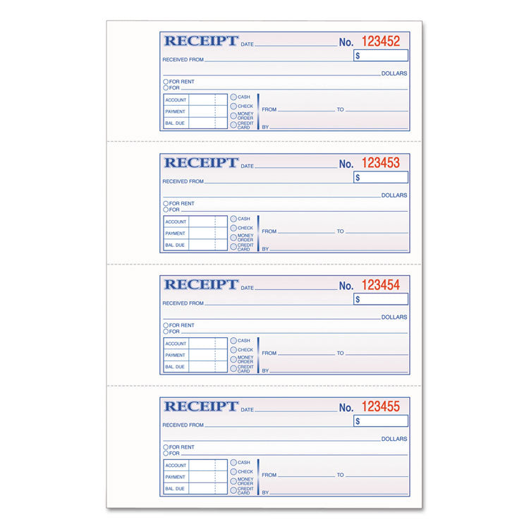 Multipart Money/Rent Receipt Book, Casebound (Hard Cover), Three-Part Carbonless, 7 x 2.75, 4 Forms/Sheet, 200 Forms Total