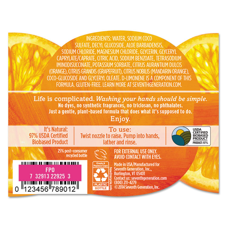 Natural Hand Wash, Mandarin Orange and Grapefruit Scent, 12 oz, 8/Carton