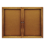 Enclosed Indoor Cork Bulletin Board with Two Hinged Doors, 48" x 36", Tan Surface, Oak Finished Fiberboard (MDF) Frame