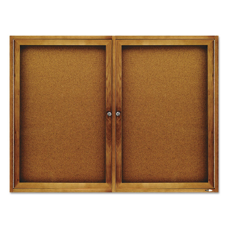Enclosed Indoor Cork Bulletin Board with Two Hinged Doors, 48" x 36", Tan Surface, Oak Finished Fiberboard (MDF) Frame