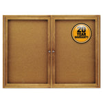 Enclosed Indoor Cork Bulletin Board with Two Hinged Doors, 48" x 36", Tan Surface, Oak Finished Fiberboard (MDF) Frame