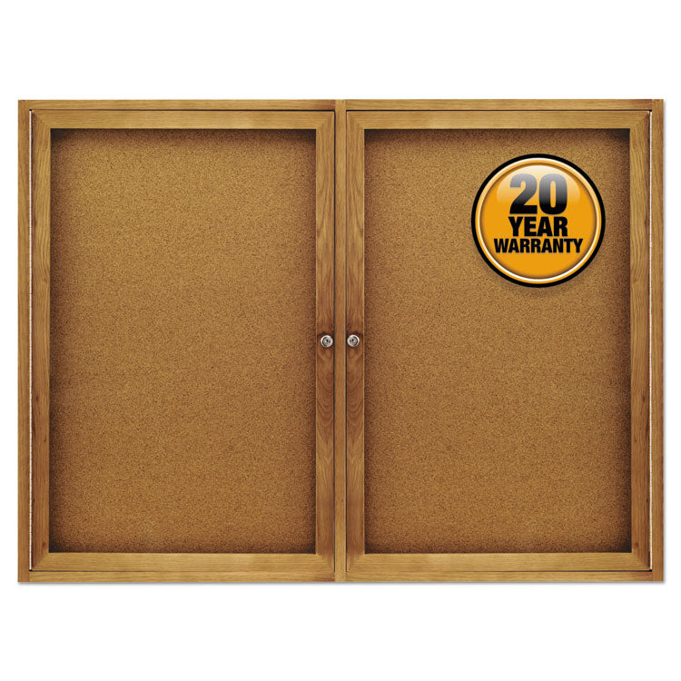 Enclosed Indoor Cork Bulletin Board with Two Hinged Doors, 48" x 36", Tan Surface, Oak Finished Fiberboard (MDF) Frame