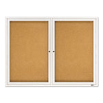 Enclosed Indoor Cork Bulletin Board with Two Hinged Doors, 48" x 36", Tan Surface, Satin Aluminum Frame