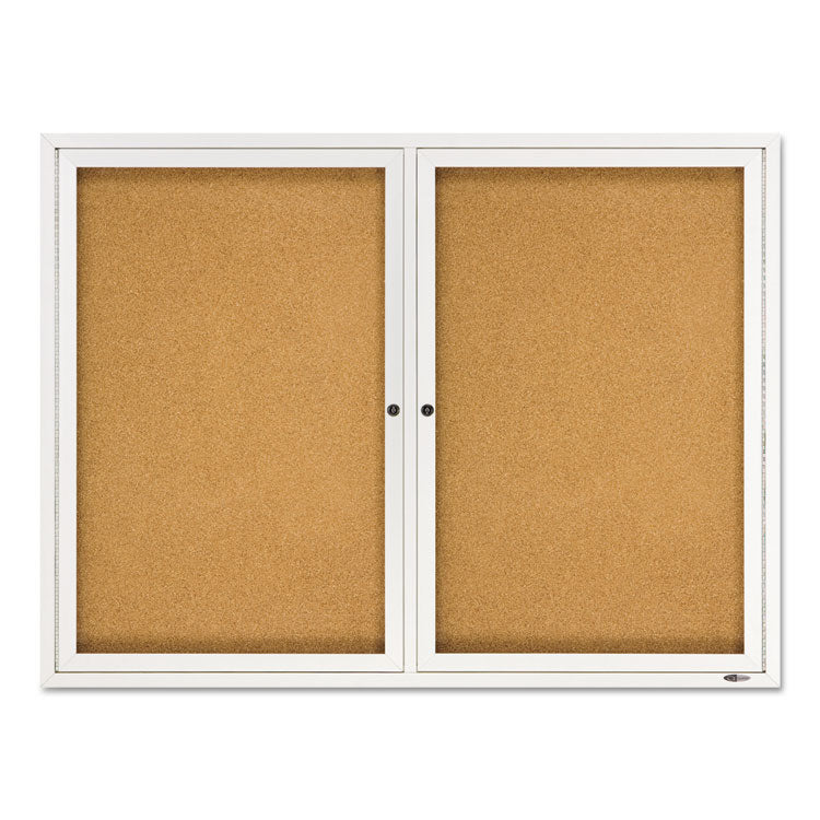 Enclosed Indoor Cork Bulletin Board with Two Hinged Doors, 48" x 36", Tan Surface, Satin Aluminum Frame