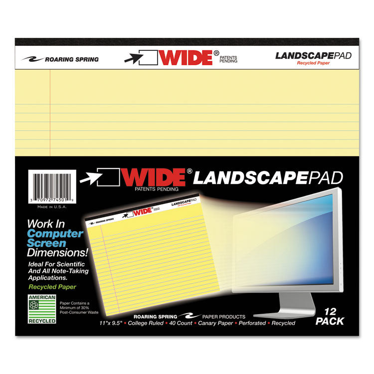Wide Landscape Format Writing Pad, Unpunched With Standard Back, Medium/college Rule, 40 Canary-Yellow 11 X 9.5 Sheets
