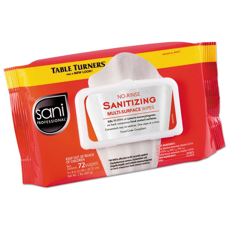 No-Rinse Sanitizing Multi-Surface Wipes, 1-Ply, 8 x 9, Unscented, White, 72 Wipes/Pack, 12 Packs/Carton