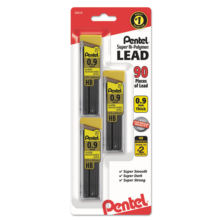 Super Hi-Polymer Lead Refills, 0.9 Mm, Hb, Black, 30/tube, 3 Tubes/pack