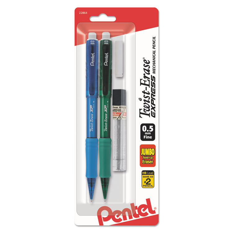 Twist-Erase EXPRESS Mechanical Pencils with Tube of Leads/Eraser, 0.5 mm, HB (#2), Black Lead, (2) Assorted Barrel Colors