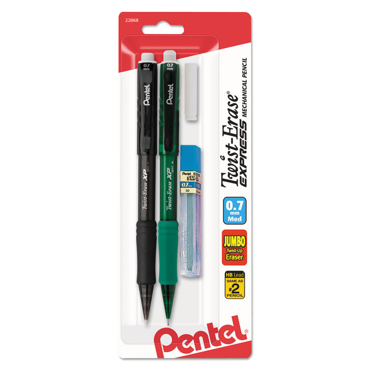 Twist-Erase EXPRESS Mechanical Pencils with Tube of Lead/Eraser, 0.7 mm, HB (#2), Black Lead, Assorted Barrel Colors, 2/Pack