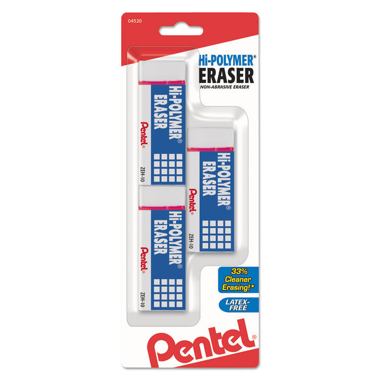 Hi-Polymer Eraser, For Pencil Marks, Rectangular Block, Medium, White, 3/pack