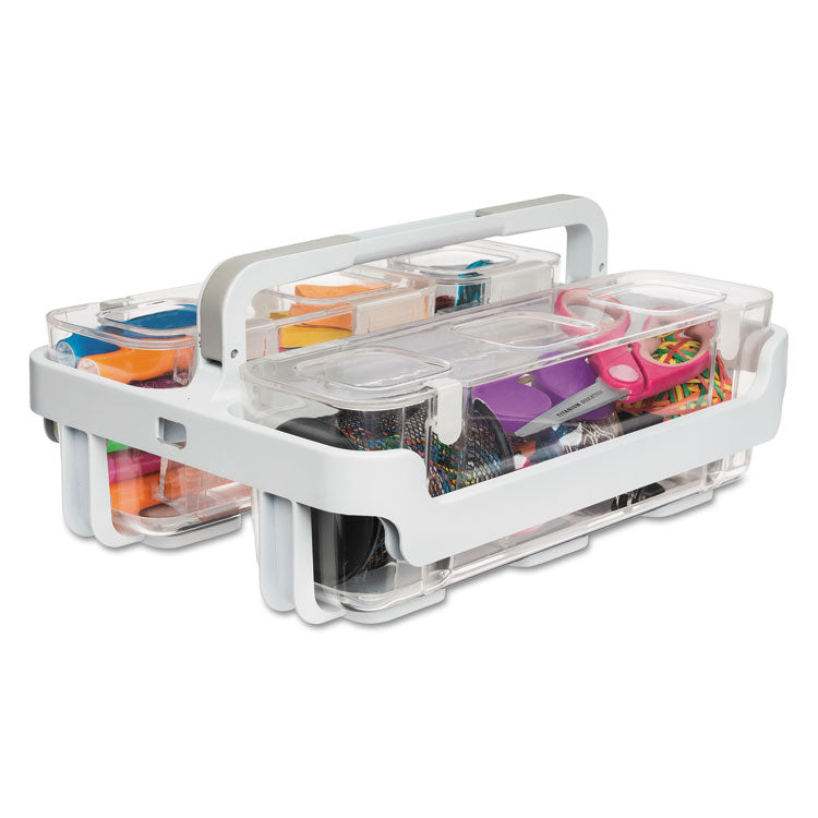 Stackable Caddy Organizer with S, M and L Containers, Plastic, 10.5 x 14 x 6.5, White Caddy/Clear Containers
