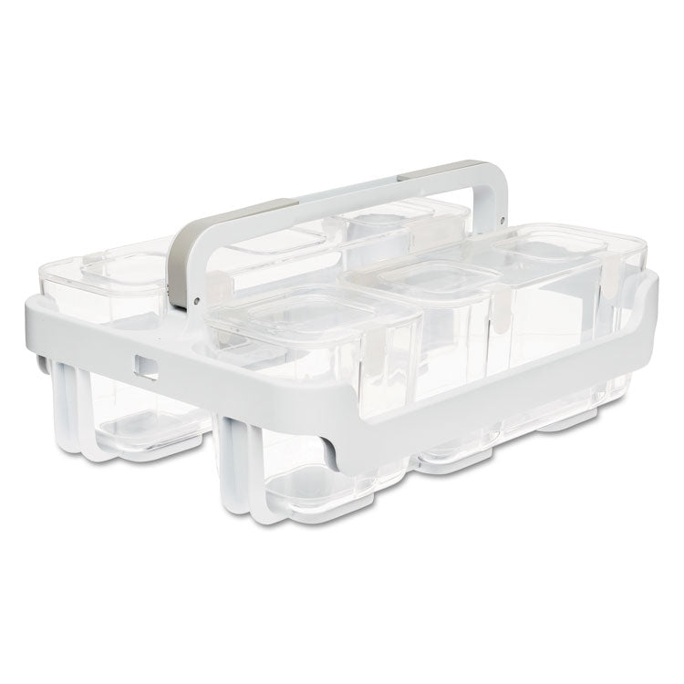Stackable Caddy Organizer with S, M and L Containers, Plastic, 10.5 x 14 x 6.5, White Caddy/Clear Containers