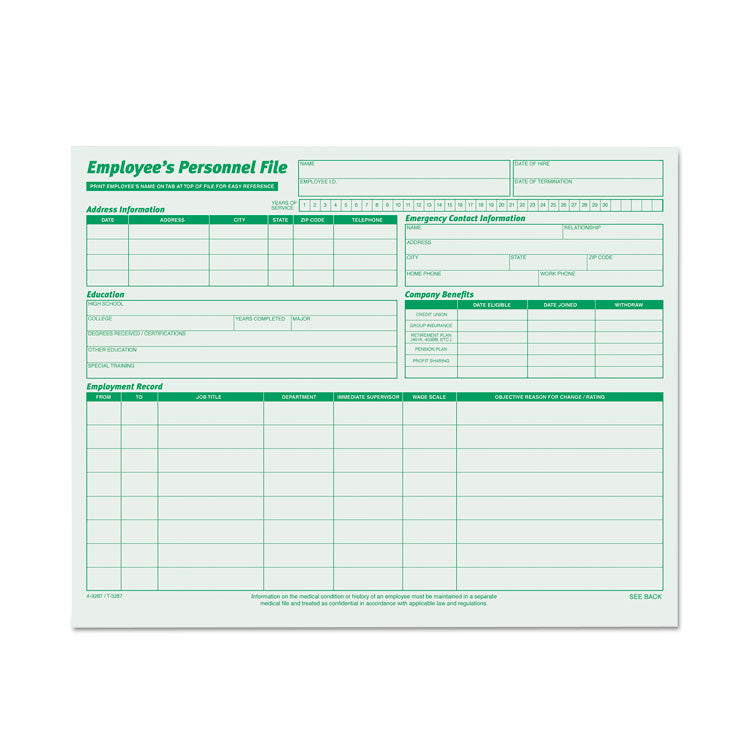 Employee's Record File Folder, Straight Tabs, Letter Size, Index Stock, Green, 20/Pack