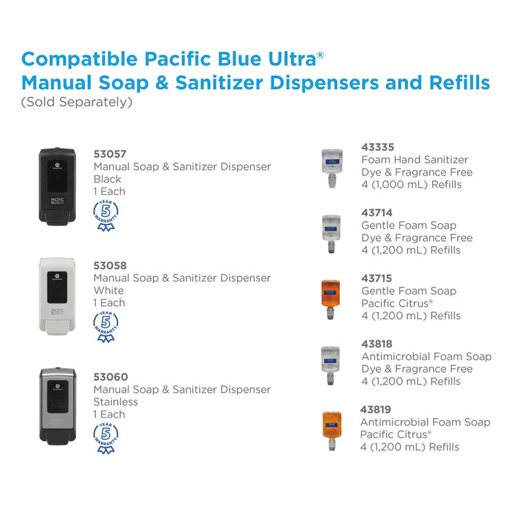 Pacific Blue Ultra Foam Soap Manual Dispenser Refill, Antimicrobial, Unscented, 1,200 mL, 4/Carton