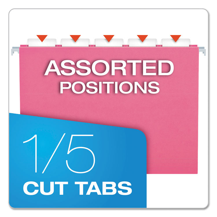 Colored Hanging Folders, Letter Size, 1/5-Cut Tabs, Pink, 25/Box