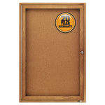 Enclosed Indoor Cork Bulletin Board with One Hinged Door, 24" x 36", Tan Surface, Oak Finished Fiberboard (MDF) Frame