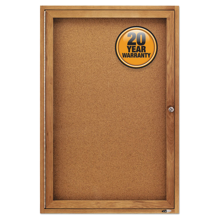 Enclosed Indoor Cork Bulletin Board with One Hinged Door, 24" x 36", Tan Surface, Oak Finished Fiberboard (MDF) Frame