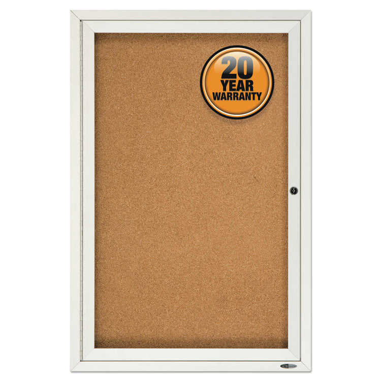 Enclosed Indoor Cork Bulletin Board with One Hinged Door, 24" x 36", Tan Surface, Satin Aluminum Frame