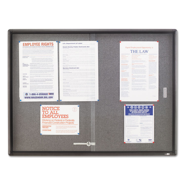 Enclosed Indoor Cork/Fabric Bulletin Board with 2 Sliding Glass Doors, 48" x 36", Gray Surface, Graphite Gray Aluminum Frame