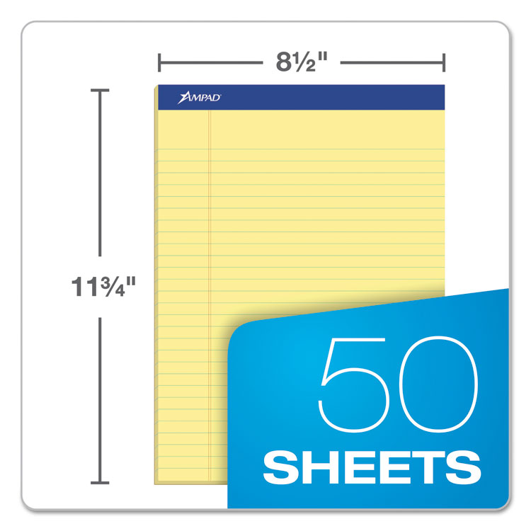 Perforated Writing Pads, Wide/Legal Rule, 50 Canary Yellow 8.5 x 11.75 Sheets, Dozen