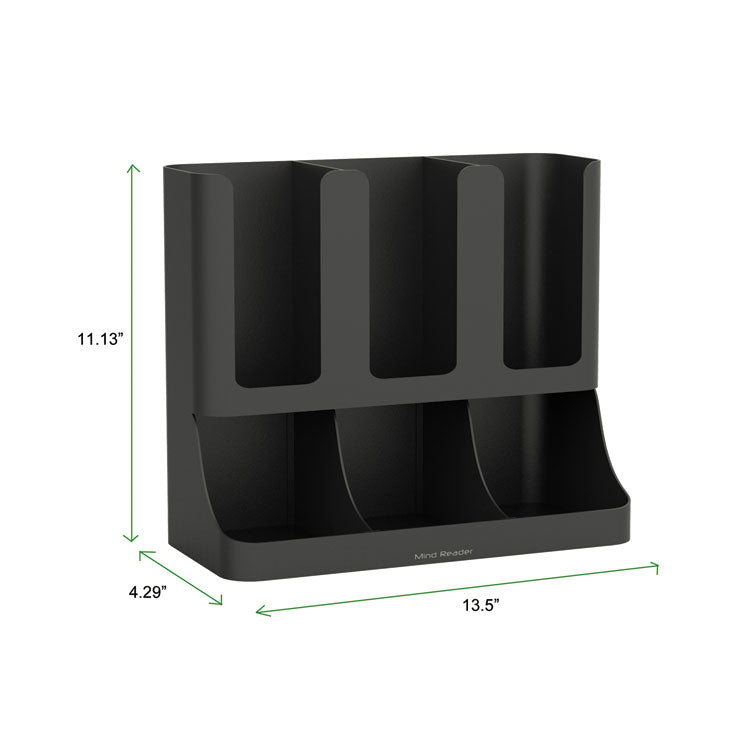 Flume Six-Section Upright Coffee Condiment/Cup Organizer, 11.5 x 6.5 x 15, Black