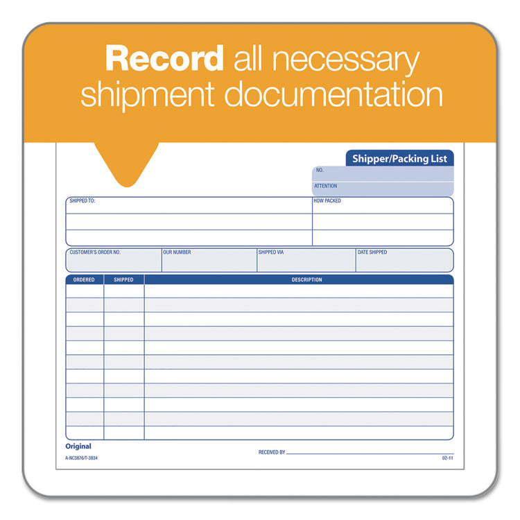 Triplicate Snap-Off Shipper/Packing List, Three-Part Carbonless, 8.5 x 7, 50 Forms Total