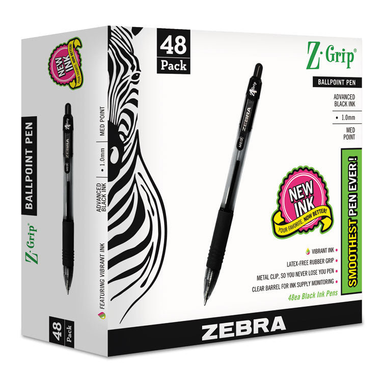 Z-Grip Ballpoint Pen, Retractable, Medium 1 mm, Black Ink, Clear/Black Barrel, 48/Pack