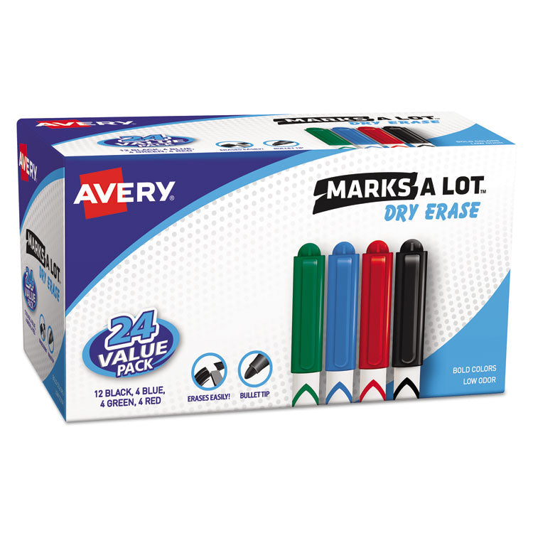 Marks A Lot Pen-Style Dry Erase Marker Value Pack, Medium Chisel Tip, Assorted Colors, 24/set (29860)