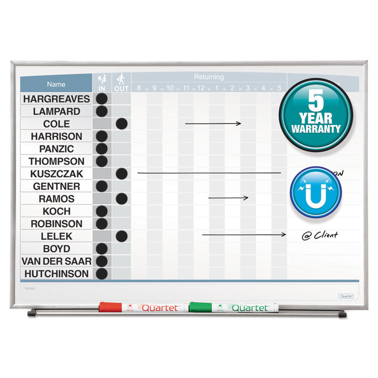Matrix Employee In/Out Board, Horizontal, 15-Person Tracking, 23" x 16", White Surface, Satin Aluminum Frame