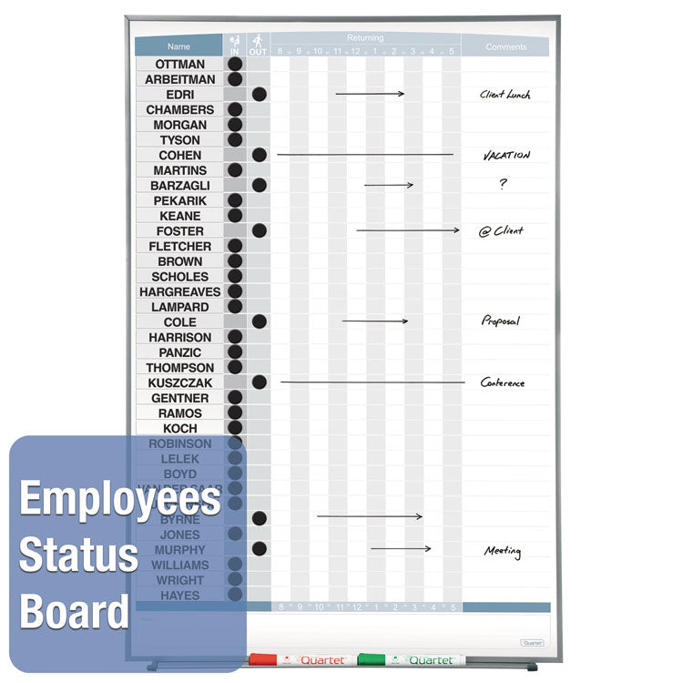 Matrix Employee In/Out Board, Vertical, 36-Person Tracking, 34" x 23", White Surface, Satin Aluminum Frame