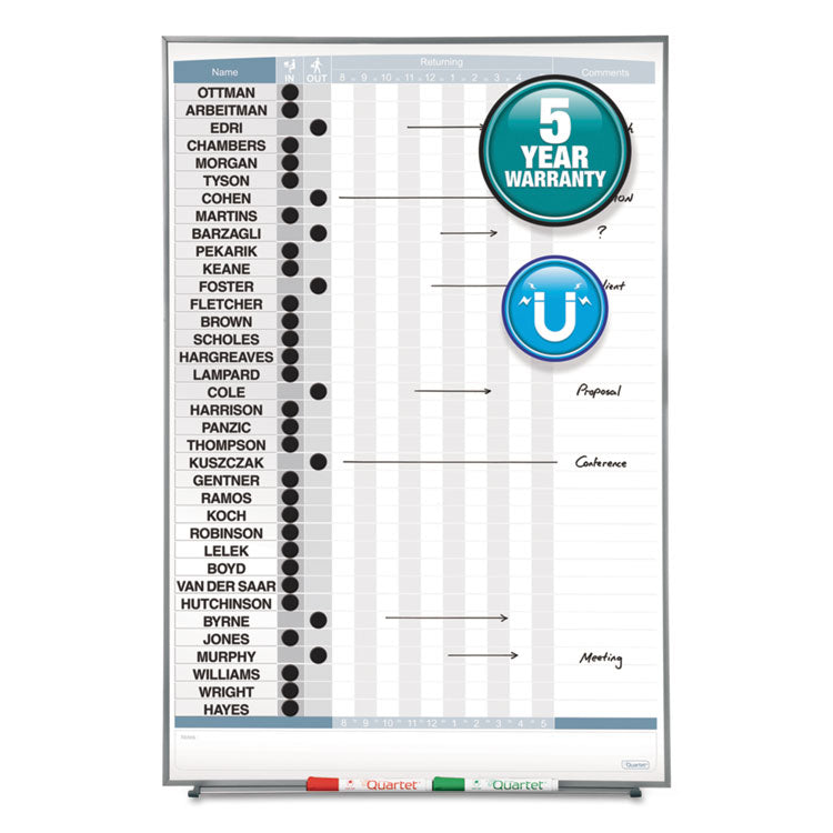 Matrix Employee In/Out Board, Vertical, 36-Person Tracking, 34" x 23", White Surface, Satin Aluminum Frame